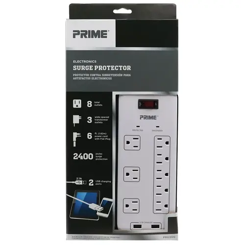 Surge Protector with USB Port 2400 J 6 ft. L 8 outlets White