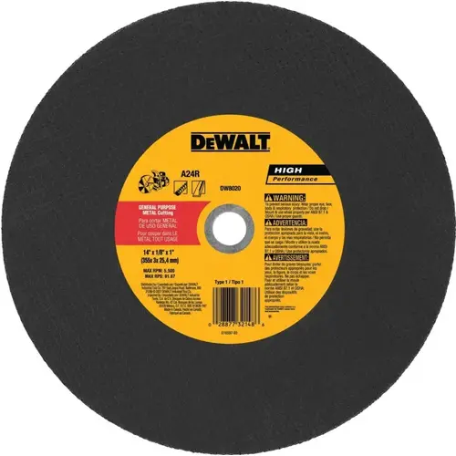 Cutting Wheel, 14 in Dia, 1/8 in Thick, 1 in Arbor, Aluminum Oxide Abrasive Cutting Wheel, 14 in Dia, 1/8 in Thick, 1 in Arbor, Aluminum Oxide Abrasive