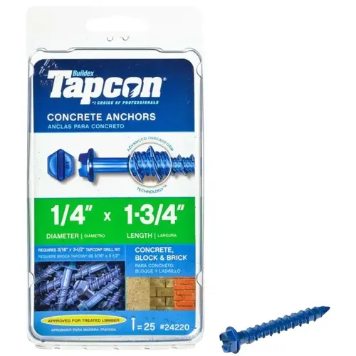 Concrete Anchors, Hex Washer Head, 1/4 x 1-3/4-In - pack of 25 Blue Concrete Anchors, Hex Washer Head, 1/4 x 1-3/4-In - pack of 25 Blue