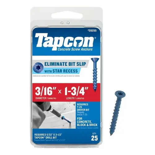24255 Concrete Screw Anchor, 3/16 in Dia, 1-3/4 in L, Steel, Climaseal - pack of 25 24255 Concrete Screw Anchor, 3/16 in Dia, 1-3/4 in L, Steel, Climaseal - pack of 25
