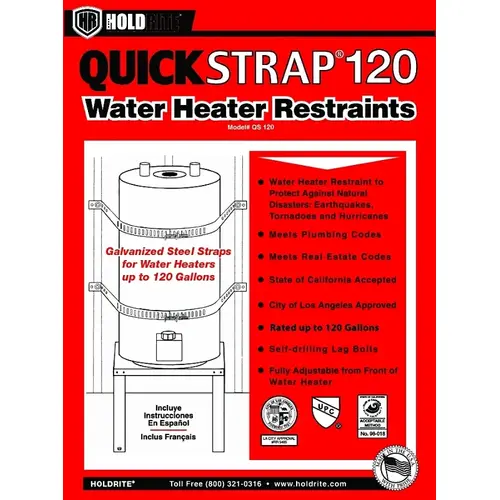Quick Strap Series Water Heater Strap, Steel, For: Up to 120 gal Water Heaters