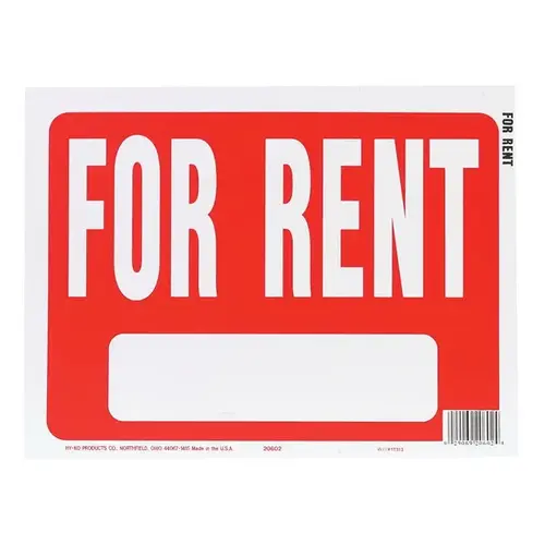 For Rent White Sign Hy-Ko 20602 Identification Sign, Rectangular, FOR RENT, White Legend ...
