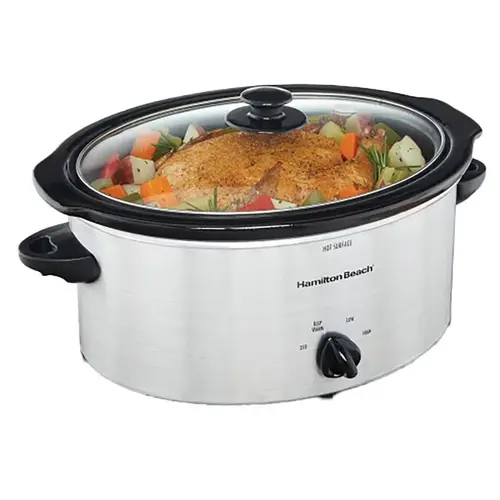 Portable Slow Cooker, 5 qt Capacity, 120 VAC, 250 W, Knob Control, Stoneware, Silver