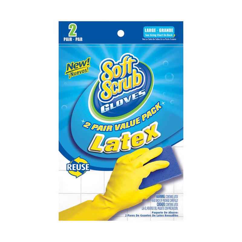 SOFT SCRUB 12323-26 Latex Gloves, Yellow With Flocked Lining, Large, 2-Pr. Pair