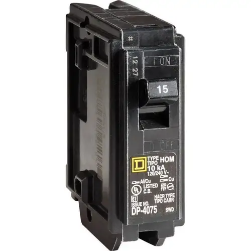 Homeline Circuit Breaker, Mini, 15 A, 1 -Pole, 120 V, Fixed Trip, Plug Mounting, Black Homeline Circuit Breaker, Mini, 15 A, 1 -Pole, 120 V, Fixed Trip, Plug Mounting, Black