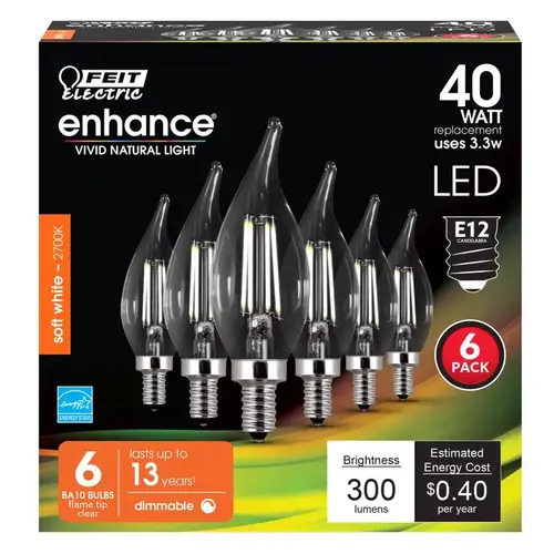 LED Bulb, Decorative, Flame Tip Lamp, 40 W Equivalent, E12 Lamp Base, Dimmable Clear - pack of 6 LED Bulb, Decorative, Flame Tip Lamp, 40 W Equivalent, E12 Lamp Base, Dimmable Clear - pack of 6