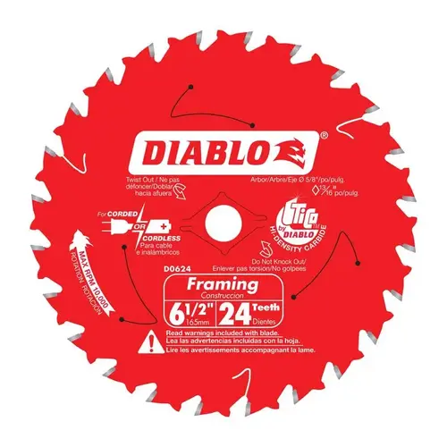 Framing Trim Saw Blade, 6-1/2 in Dia, 5/8 in Arbor, 24-Teeth, Carbide Cutting Edge - pack of 10 Framing Trim Saw Blade, 6-1/2 in Dia, 5/8 in Arbor, 24-Teeth, Carbide Cutting Edge - pack of 10
