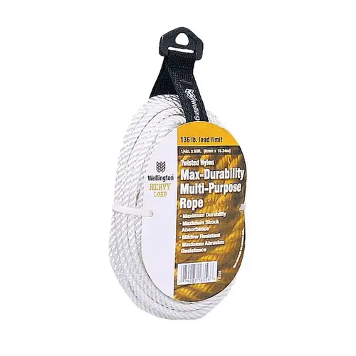 Rope, 1/4 in Dia, 50 ft L, 136 lb Working Load, Nylon, White Rope, 1/4 in Dia, 50 ft L, 136 lb Working Load, Nylon, White