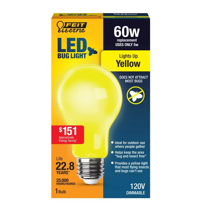 Feit Electric LED Light Bulb A19 E26 (Medium) Yellow 60 Watt Equivalence Clear A19/BUG/LED/BX