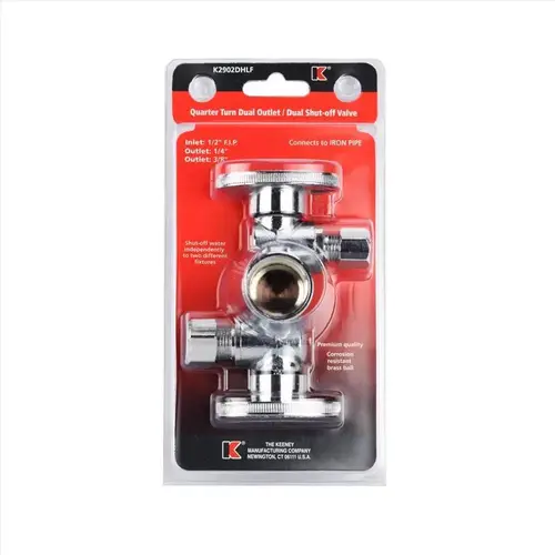 Dual Shut-Off Valve, 1/2 x 3/8 x 1/4 in Connection, FIP x Compression, 250 psi Pressure, Brass Body Chrome