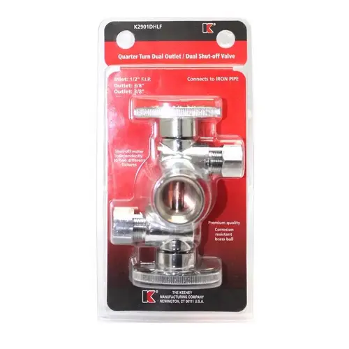 Dual Shut-Off Valve, 1/2 x 3/8 x 3/8 in Connection, FIP x Compression, 250 psi Pressure, Brass Body Chrome Dual Shut-Off Valve, 1/2 x 3/8 x 3/8 in Connection, FIP x Compression, 250 psi Pressure, Brass Body Chrome