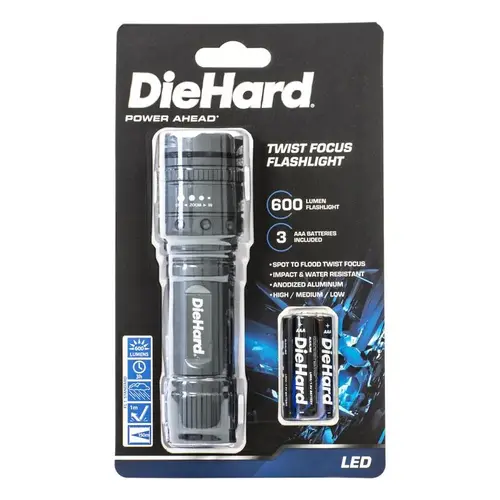 DieHard Series Flashlight, AAA Battery, LED Lamp, 600 Lumens Lumens, 150 m Beam Distance, 3 hr Run Time Gray DieHard Series Flashlight, AAA Battery, LED Lamp, 600 Lumens Lumens, 150 m Beam Distance, 3 hr Run Time Gray