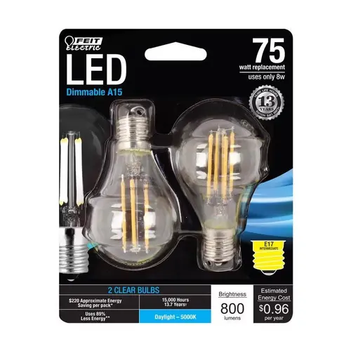 2 LED Bulb, General Purpose, A15 Lamp, 75 W Equivalent, E17 Lamp Base, Dimmable Pair Clear 2 LED Bulb, General Purpose, A15 Lamp, 75 W Equivalent, E17 Lamp Base, Dimmable Pair Clear