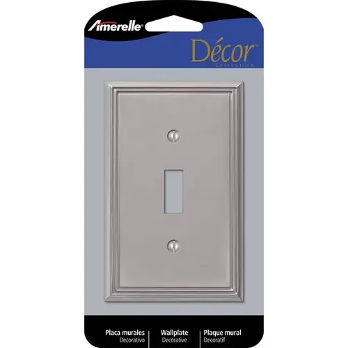 Wallplate, 4-7/8 in L, 3 in W, 1 -Gang, Cast Metal, Brushed Nickel Wallplate, 4-7/8 in L, 3 in W, 1 -Gang, Cast Metal, Brushed Nickel