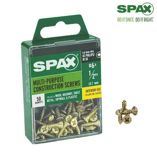 Multi-Purpose Screws No. 6 X 1/2" L Phillips/Square Flat Head Zinc-Plated