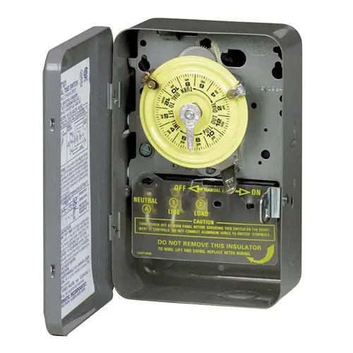 Mechanical Timer Switch, 40 A, 120 V, 3 W, 24 hr Time Setting, 12 On/Off Cycles Per Day Cycle Gray Mechanical Timer Switch, 40 A, 120 V, 3 W, 24 hr Time Setting, 12 On/Off Cycles Per Day Cycle Gray
