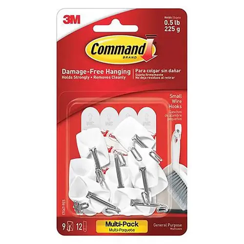 Small Wire Hooks Value Pack, White, 9 Hooks, 12 Strips