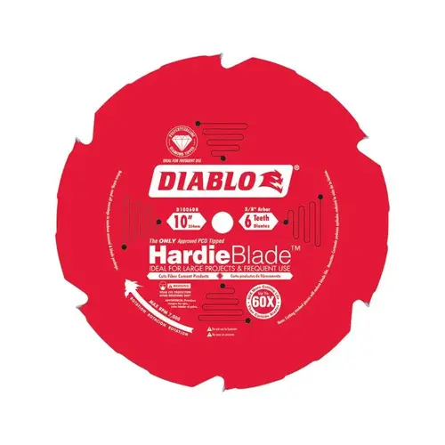 Circular Saw Blade, 10 in Dia, 5/8 in Arbor, 6-Teeth, Polycrystalline Diamond Cutting Edge Circular Saw Blade, 10 in Dia, 5/8 in Arbor, 6-Teeth, Polycrystalline Diamond Cutting Edge
