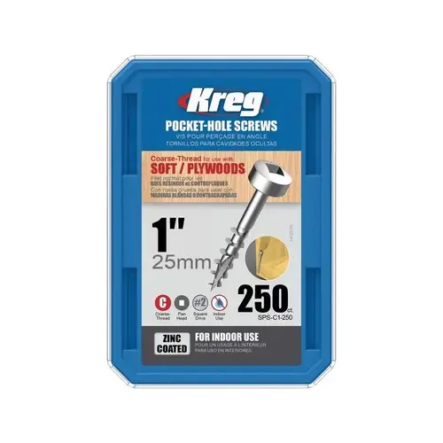 Pocket-Hole Screw, #7 Thread, 1 in L, Coarse Thread, Pan Head, Square Drive, Self-Tapping Point, Steel Zinc Pocket-Hole Screw, #7 Thread, 1 in L, Coarse Thread, Pan Head, Square Drive, Self-Tapping Point, Steel Zinc