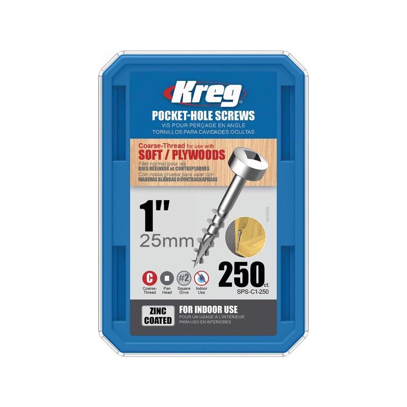Kreg SPS-C1-250 Pocket-Hole Screw, #7 Thread, 1 in L, Coarse Thread, Pan Head, Square Drive, Self-Tapping Point, Steel Zinc