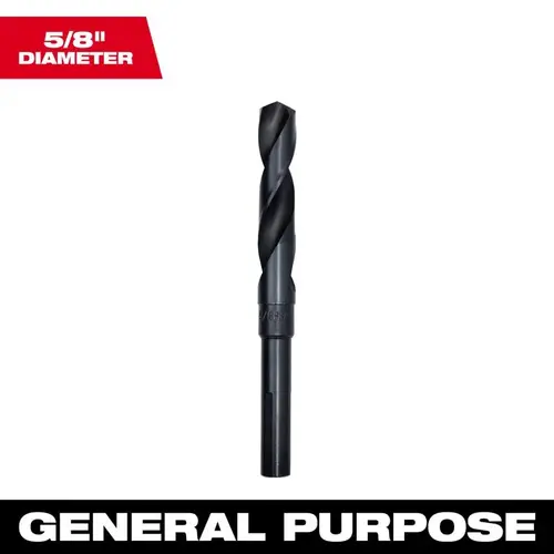 Drill Bit, 5/8 in Dia, 6 in OAL, Parabolic Flute, 1/2 in Dia Shank, Flat Shank Black Oxide Drill Bit, 5/8 in Dia, 6 in OAL, Parabolic Flute, 1/2 in Dia Shank, Flat Shank Black Oxide