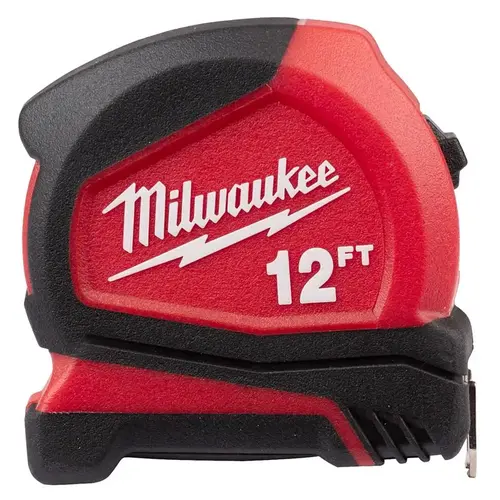 Tape Measure, 12 ft L Blade, 19 mm W Blade, Steel Blade, Plastic Case Black/Red