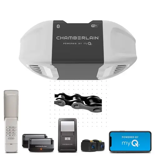 Garage Door Opener, Chain Drive, OS: myQ and Security+ 2.0 Gray with Black & White