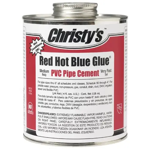 RH-RHBV-QP-48 Solvent Cement, 0.25 pt, Can, Medium Syrupy Liquid, Blue RH-RHBV-QP-48 Solvent Cement, 0.25 pt, Can, Medium Syrupy Liquid, Blue