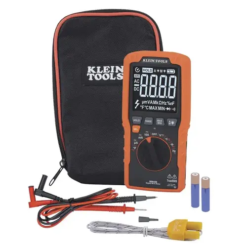 Klein Tools Digital Multimeter, 600 VAC/VDC, 10 A, 400 uF, 1 to 50 kHz, LCD Display, Black/Orange Klein Tools Digital Multimeter, 600 VAC/VDC, 10 A, 400 uF, 1 to 50 kHz, LCD Display, Black/Orange