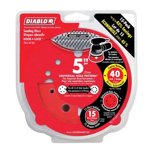 Sanding Disc, 5 in Dia, 40 Grit, Ultra Coarse, Ceramic Abrasive, 12-Hole Red - pack of 15 Sanding Disc, 5 in Dia, 40 Grit, Ultra Coarse, Ceramic Abrasive, 12-Hole Red - pack of 15