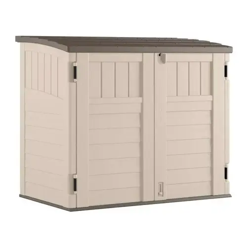 Stow-Away Storage Shed, 34 cu-ft Capacity, 4 ft 5 in W, 2 ft 8-1/4 in D, 3 ft 9-1/2 in H, Resin Stoney/Vanilla Stow-Away Storage Shed, 34 cu-ft Capacity, 4 ft 5 in W, 2 ft 8-1/4 in D, 3 ft 9-1/2 in H, Resin Stoney/Vanilla