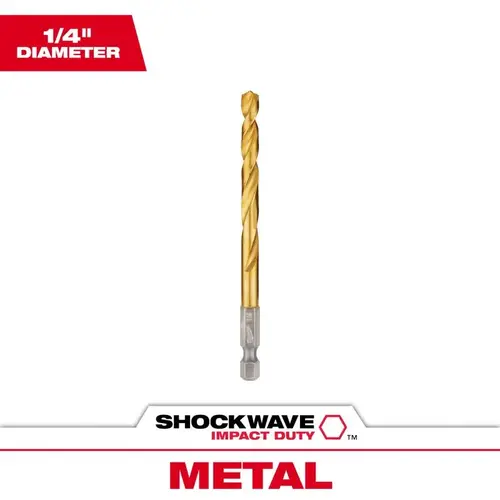 Impact Drill Bit, 1/4 in Dia, 4.13 in OAL, Twist Flute, 1/4 in Dia Shank, Hex Shank Titanium-Coated Impact Drill Bit, 1/4 in Dia, 4.13 in OAL, Twist Flute, 1/4 in Dia Shank, Hex Shank Titanium-Coated