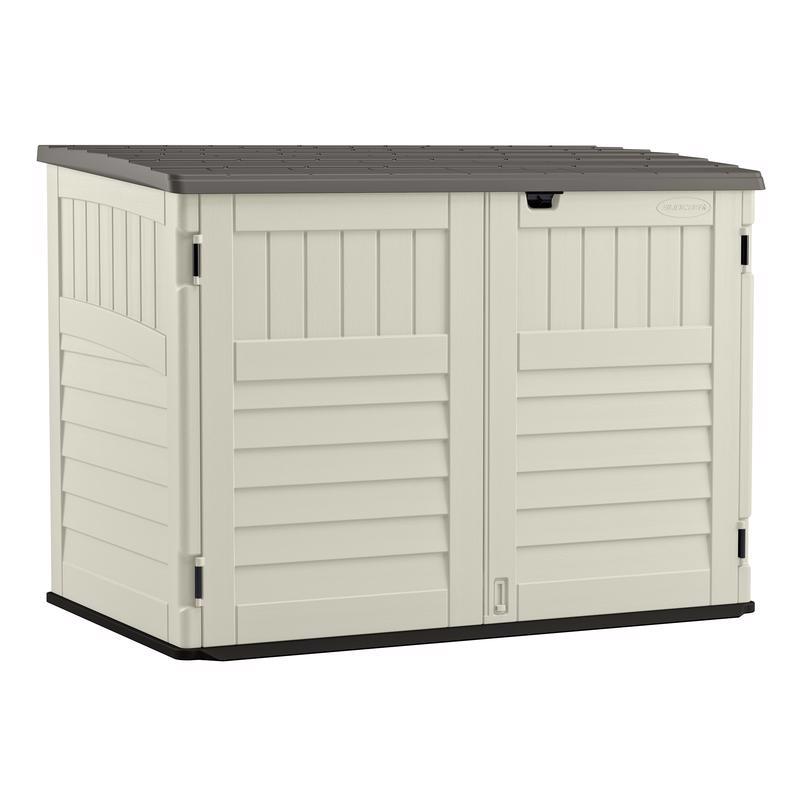 Suncast BMS4700X Stow-Away Storage Shed, 70 cu-ft Capacity, 5 ft 10-1/2 in W, 3 ft 8-1/4 in D, 4 ft 4 in H, Resin Stoney/Vanilla