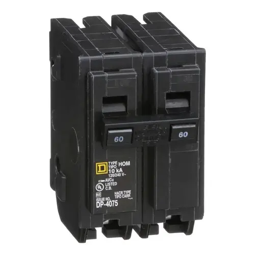 Homeline Circuit Breaker, Mini, 60 A, 2 -Pole, 120/240 V, Fixed Trip, Plug Mounting, Black Homeline Circuit Breaker, Mini, 60 A, 2 -Pole, 120/240 V, Fixed Trip, Plug Mounting, Black