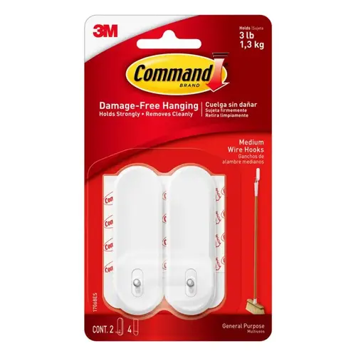 Wire Hooks Command Medium Plastic 3.16" L Whit - 2 per pack x6 packs Wire Hooks Command Medium Plastic 3.16" L Whit - 2 per pack x6 packs