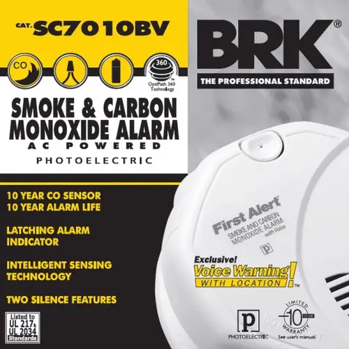 Carbon Monoxide Alarm, 10 ft, 85 dB, Alarm: Audible, Electrochemical, Photoelectric Sensor White