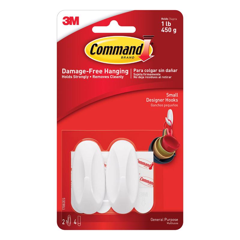 Command 17082ES Designer Hooks Command Small Plastic 2.125" L White Pair Gloss