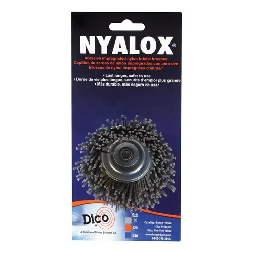 Cup Brush Nyalox 2.5" D X 1/4" X 1/4" D Crimped Nylon Mandrel Mounted 4500 rpm Gray Cup Brush Nyalox 2.5" D X 1/4" X 1/4" D Crimped Nylon Mandrel Mounted 4500 rpm Gray