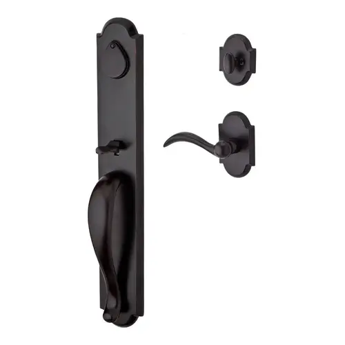 Double Cylinder Elkhorn Handleset with Right Hand Arch Lever and Rustic Arch Rose with 6AL Latch and Dual Strike Dark Bronze Finish Double Cylinder Elkhorn Handleset with Right Hand Arch Lever and Rustic Arch Rose with 6AL Latch and Dual Strike Dark Bronze Finish