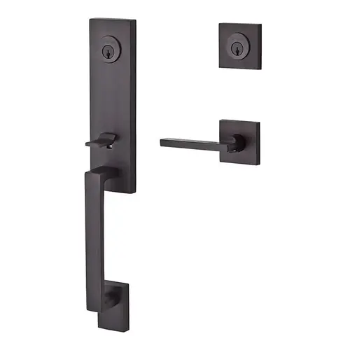 Double Cylinder Seattle Handleset with Right Hand Square Lever and Contemporary Square Rose with 6AL Latch and Dual Strike Venetian Bronze Finish Double Cylinder Seattle Handleset with Right Hand Square Lever and Contemporary Square Rose with 6AL Latch and Dual Strike Venetian Bronze Finish