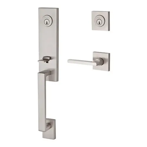 Double Cylinder Seattle Handleset with Right Hand Square Lever and Contemporary Square Rose with 6AL Latch and Dual Strike Satin Nickel Finish Double Cylinder Seattle Handleset with Right Hand Square Lever and Contemporary Square Rose with 6AL Latch and Dual Strike Satin Nickel Finish