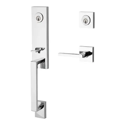 Double Cylinder Seattle Handleset with Right Hand Square Lever and Contemporary Square Rose with 6AL Latch and Dual Strike Bright Chrome Finish Double Cylinder Seattle Handleset with Right Hand Square Lever and Contemporary Square Rose with 6AL Latch and Dual Strike Bright Chrome Finish