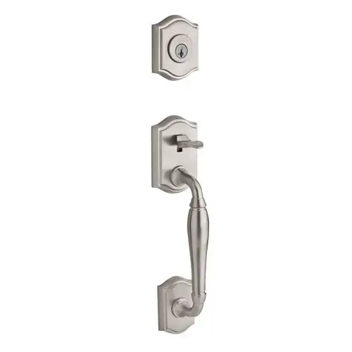 Single Cylinder Westcliff Handleset Round Knob and Traditional Square Rose with 6AL Latch, Dual Strike, and SmartKey For Thick Door Satin Nickel Finish Single Cylinder Westcliff Handleset Round Knob and Traditional Square Rose with 6AL Latch, Dual Strike, and SmartKey For Thick Door Satin Nickel Finish