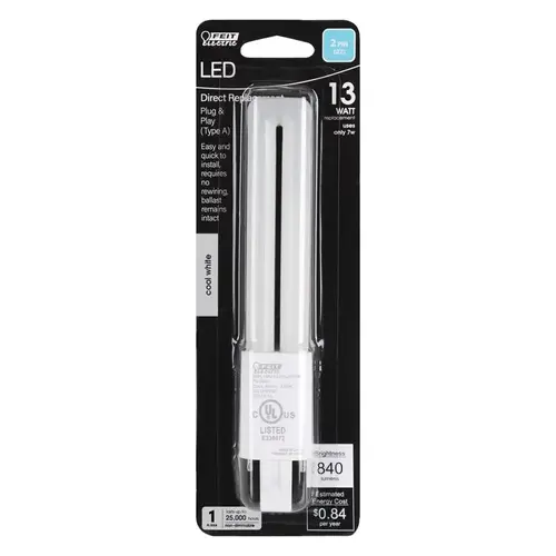 LED Bulb, Specialty, 13 W Equivalent, GX23 Lamp Base, Cool White Light, 4000 K Color Temp Clear LED Bulb, Specialty, 13 W Equivalent, GX23 Lamp Base, Cool White Light, 4000 K Color Temp Clear