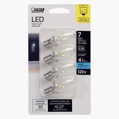 LED Bulb C7 E12 (Candelabra) Daylight 7 Watt Equivalence Daylight LED Bulb C7 E12 (Candelabra) Daylight 7 Watt Equivalence Daylight