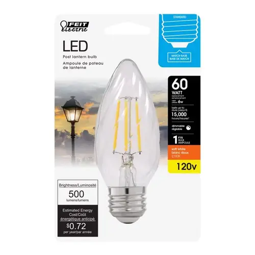 LED Bulb, Decorative, F15 Lamp, 60 W Equivalent, E26 Lamp Base, Dimmable, Clear Soft White LED Bulb, Decorative, F15 Lamp, 60 W Equivalent, E26 Lamp Base, Dimmable, Clear Soft White