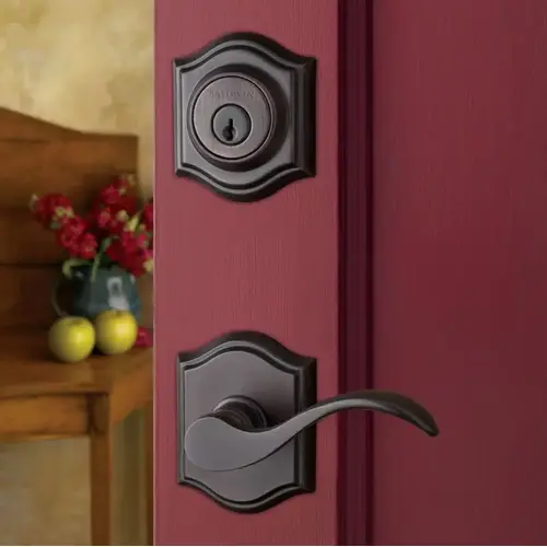 Single Cylinder Westcliff Handleset Left Hand Curve Lever and Traditional Arch Rose with 6AL Latch and Dual Strike Lifetime Brass Finish Single Cylinder Westcliff Handleset Left Hand Curve Lever and Traditional Arch Rose with 6AL Latch and Dual Strike Lifetime Brass Finish