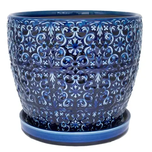 Planter Mediterranean 10.16" H X 12" D Ceramic Blue Blue Planter Mediterranean 10.16" H X 12" D Ceramic Blue Blue
