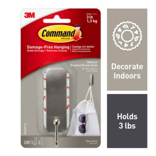 Medium Decorative Hook, 1 in W, Metal/Plastic, Brushed Nickel, 3 lb Gray Medium Decorative Hook, 1 in W, Metal/Plastic, Brushed Nickel, 3 lb Gray