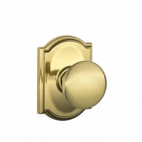 Plymouth Knob with Camelot Rose Passage Lock with 16080 Latch and 10027 Strike Bright Brass Finish Plymouth Knob with Camelot Rose Passage Lock with 16080 Latch and 10027 Strike Bright Brass Finish